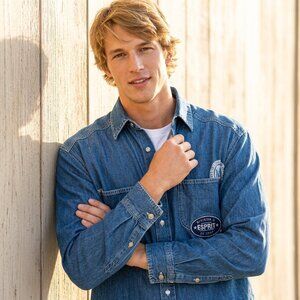 Vintage Esprit Mens Medium Denim Button Down Shirt 90s Logo Patch Grunge Skater